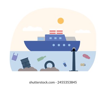 Careless dumping of fuel oil in the sea causes pollution, vector illustration.