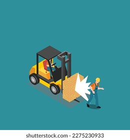 Careless forklift driver hitting other worker 3d isometric vector illustration concept for banner, website, landing page, ads, flyer template