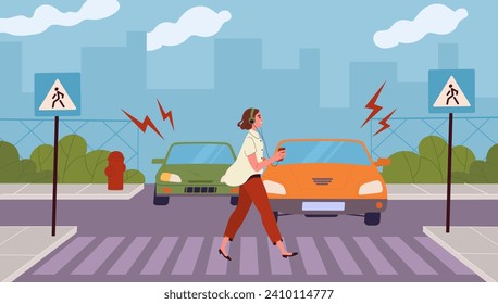 Careless girl at crosswalk concept. Woman walk at city road. Dangerous situation for cars and automobiles. Unreliable pedestrian. Bad urban traffic. Cartoon flat vector illustration