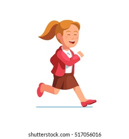 Careless and happy business woman running fast to the right side. Businesswoman trying to catch on time. Flat style vector illustration isolated on white background.