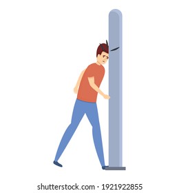 Un hombre descuidado golpea la cabeza en el icono del pilar. Caricatura de un hombre descuidado golpea la cabeza sobre un pilar, icono vector para el diseño web aislado en fondo blanco