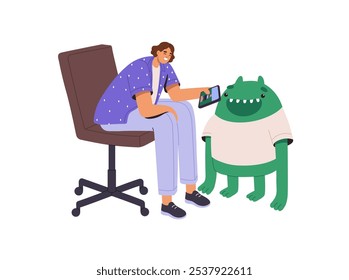 Careless man postpones work, plays games, surfing internet. Lazy worker delays business, wastes time at smartphone. Procrastination, self discipline concept. Flat isolated vector illustration on white