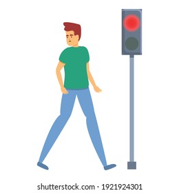 Hombre sin cuidado en el icono del semáforo rojo. Caricatura de un hombre descuidado en un icono del vector de luz roja para el diseño web aislado en fondo blanco