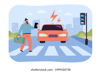 Un peatón descuidado mirando al teléfono en el cruce. Auto conduciendo hacia el hombre cruzando cebra sobre luz verde de tráfico, peligro de accidente de ilustración plana vectorial. Seguridad vial, concepto de normas de tráfico