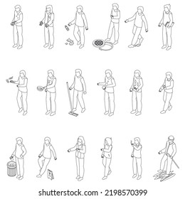 Careless person icons set. Isometric set of careless person vector icons outline thin lne isolated on white