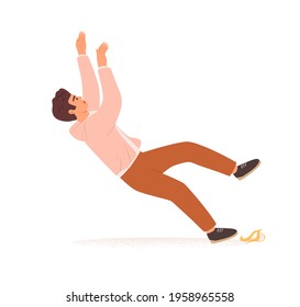 Careless person slipping on slippery banana peel and falling down. Concept of risks, failure, life obstacles and insurance. Colored flat graphic vector illustration isolated on white background