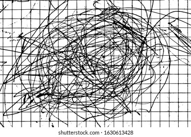 Careless, random lines, strokes, doodles with an ink pen, drawn on paper in a cell with an ink pen. Illegible, careless, drawn circular lines. Abstract background. Vector illustration. Overlay