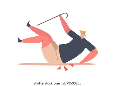 Careless Senior Man Fall with Cane, Old Male Character Falling Down on the Ground due Stumble, Slippery Road, Clumsiness or Accident Isolated on White Background. Cartoon People Vector Illustration