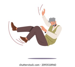 Careless Senior Man Falling on Back, Old Male Character Falling Down on the Ground due Stumble, Slippery Road, Clumsiness or Accident Isolated on White Background. Cartoon People Vector Illustration