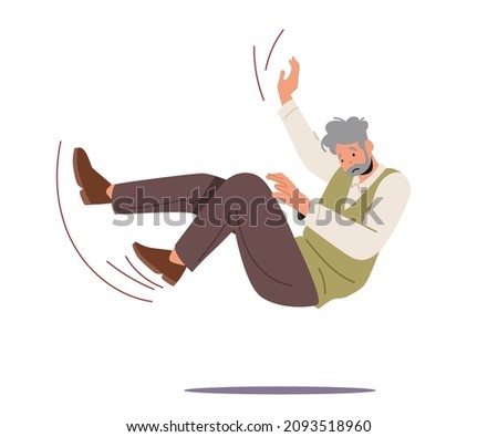 Careless Senior Man Falling on Back, Old Male Character Falling Down on the Ground due Stumble, Slippery Road, Clumsiness or Accident Isolated on White Background. Cartoon People Vector Illustration