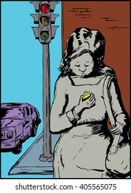 Careless single woman with purse crossing street while using her phone