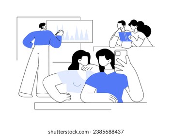 Estudiantes despreocupados aislaron ilustraciones vectoriales de dibujos animados. Hermosas chicas usan smartphone y no escuchan a un profesor, se distraen del proceso educativo, el estilo de vida de los estudiantes, el vector de dibujos animados.