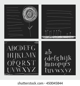 Careless style hand-drawing. Hatching. Hand drawing alphabet. Lettering. Notebook. Dark background, bright letters