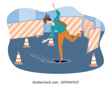 Careless Teen With Smartphone And Headphones Falling Into Open Sewer Hatch Composition In Flat Style Vector Illustration