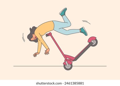 Careless woman falls from scooter and risks injury due to violations of safety rules and lack of helmet. Teenage girl falling from electric scooter can lead to concussion or broken bones.