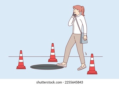 Careless woman walking talking on phone risks falling into hatch due to inattention and abuse of gadgets. Casual girl steps towards open sewer making phone call. Flat vector design 