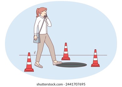 Careless woman walking talking on phone risks falling into hatch due to inattention and abuse of gadgets. Casual girl steps towards open sewer making phone call. Flat vector design