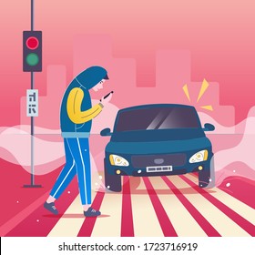 Careless young man on road - Dangerous way with smartphone. Pedestrian accident, Safety on crosswalk. Internet Addiction Disorder - Traffic Risk. Vector illustration in anxiety red or pink palette