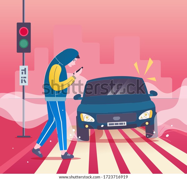 Careless young man on road - Dangerous way with
smartphone. Pedestrian accident, Safety on crosswalk. Internet
Addiction Disorder - Traffic Risk. Vector illustration in anxiety
red or pink palette