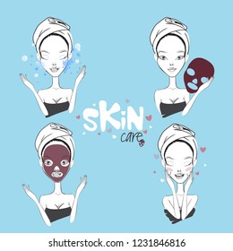 Cares about girls face. Different facial care.
