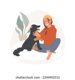 Caress a pet isolated cartoon vector illustration. Happy young woman spending time together with adorable pet, stress management, people psychology, socio-emotional development vector cartoon.