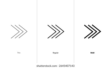 Cursor ícone direito definido. ícones de linha fina, regular e negrito. lado ponto, próximo caminho, direita virar sinal de estrada