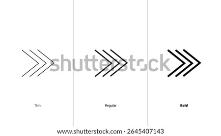 Caret right icon set. thin, regular and bold line icons. point side, next path, right turn road sign