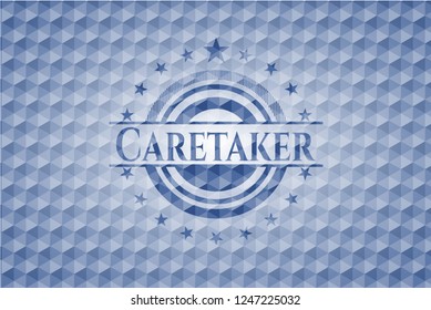 Caretaker blue emblem or badge with geometric pattern background.