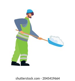 Caretaker cleaning streets from snow flat vector illustration