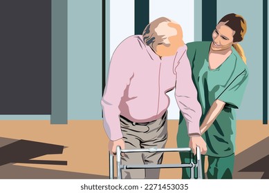 A caretaker helped lift an elderly man and walk on crutches. Caregiver with smiling face. Professional worker and elderly patient