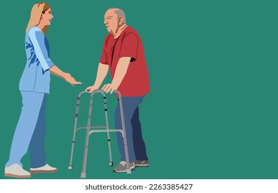 Caretaker helping elderly man with walking frame. Health care worker isolated on color background