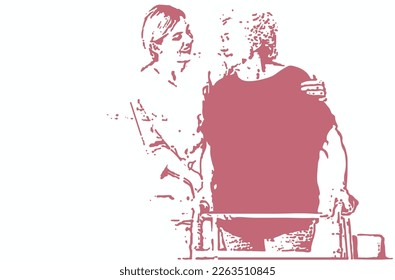 Caretaker helping elderly women with walking frame. Sketch of a caregiver smiling next to an old woman using a cane isolated on white