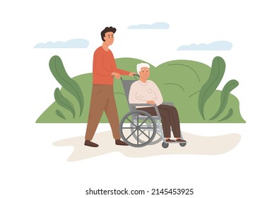 A caretaker and old age man on wheelchair outdoors. Volunteer helping elderly man. Scene of social worker with senior person in nature. Nursing or retirement home services. Vector flat illustration.