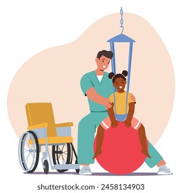 Caretaker Tenderly Work with Child In A Wheelchair, Conveying Compassionate Care And Support, Practicing Exercises on Fit Ball During Their Rehabilitation Session. Cartoon People Vector Illustration