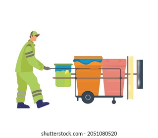 Caretaker in uniform with equipment for streets cleaning flat vector illustration