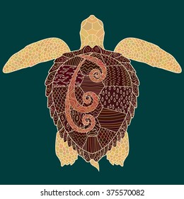Caretta-caretta turtle with high details. Adult antistress coloring page. Black white hand drawn doodle oceanic animal. Sketch for tattoo, poster, print, t-shirt in zentangle style. Vector