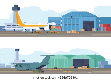 Cargo air transportation. Civil and military cargo planes. International express delivery of cargo and goods. Vector illustration