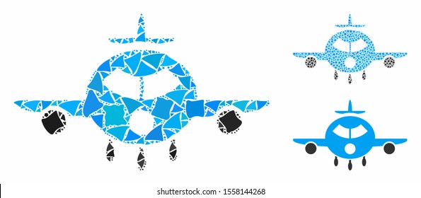 Cargo aircraft composition of trembly elements in various sizes and color hues, based on cargo aircraft icon. Vector bumpy elements are grouped into composition.