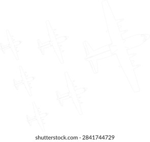 Cargo aircraft formation flying in multiple size and distance, top view outline technical line art vector illustration isolated on white background. Transport plane design for print and infographic.