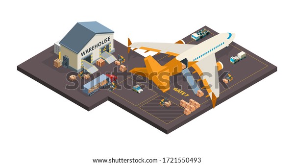 Cargo
aircraft. Loading airplane packages and containers airport truck
refueling vector isometric cargo
transport