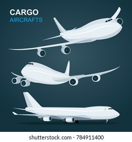 Cargo Aircraft set.
Airplane in profile, side view, from the front and top view isolated vector illustration. svg