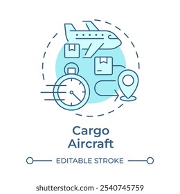 Cargo aircraft soft blue concept icon. Transportation, logistics. Aviation services, shipping. Round shape line illustration. Abstract idea. Graphic design. Easy to use in infographic, presentation