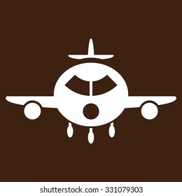 Cargo Aircraft vector icon. Style is flat white symbol, rounded angles, brown background.