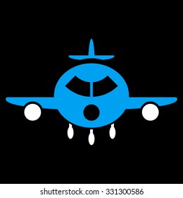 Cargo Aircraft vector icon. Style is flat bicolor blue and white symbol, rounded angles, black background.