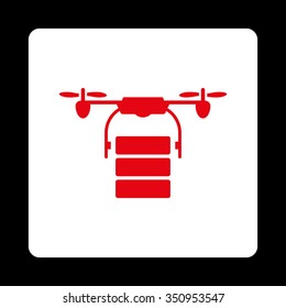 Cargo Airdrone vector icon. Style is flat rounded square button, red and white colors, black background.