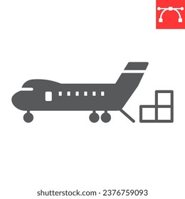Icono de glifo de avión de carga, logística y transporte, icono del vector de transporte aéreo, gráficos vectoriales, signo sólido de trazo editable, eps 10.