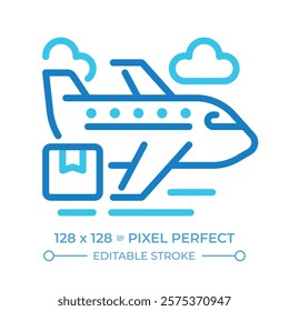 Cargo airplane two color line icon. Representing air freight and logistics. Transportation of goods. Bicolor outline symbol. Duotone linear pictogram. Isolated illustration. Editable stroke