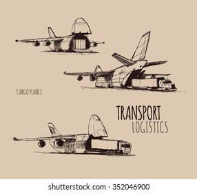 Cargo airplanes. Transport logistics. Hand drawn sketch illustration