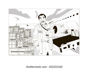 The cargo airport with freight on the take-off platform