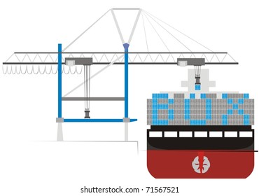 Cargo being loaded onto a container vessel - Box ship at berth color vector illustration